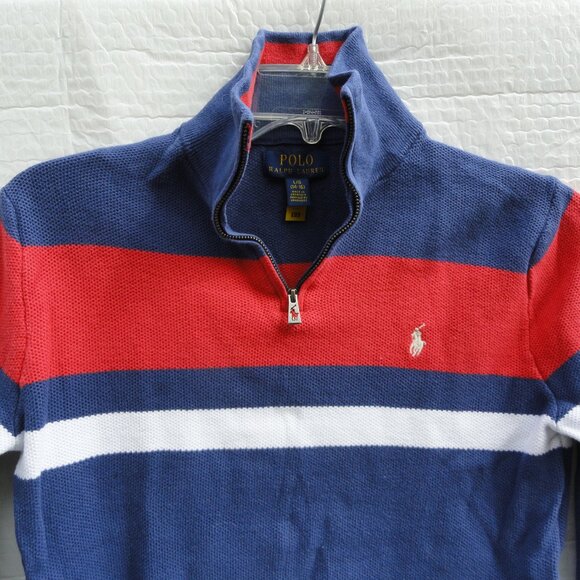 Polo Ralph Lauren Sweater Red White Blue Stripe 1/4 Zip Preppy Boys Large 14 16 - Picture 2 of 11